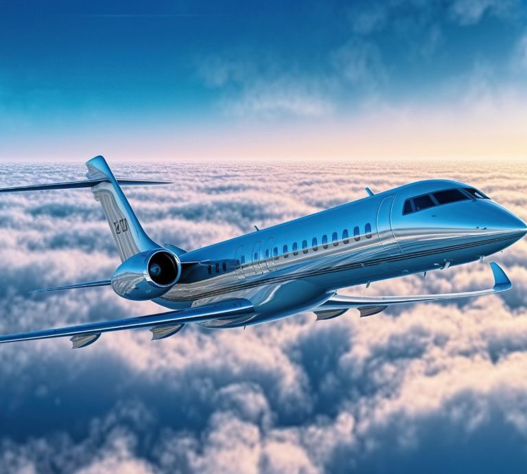 Luxury plane flying over clouds under a blue sky.