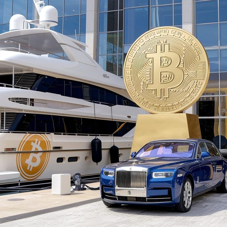 Luxury car in front of a yacht, with a large Bitcoin coin in the background.