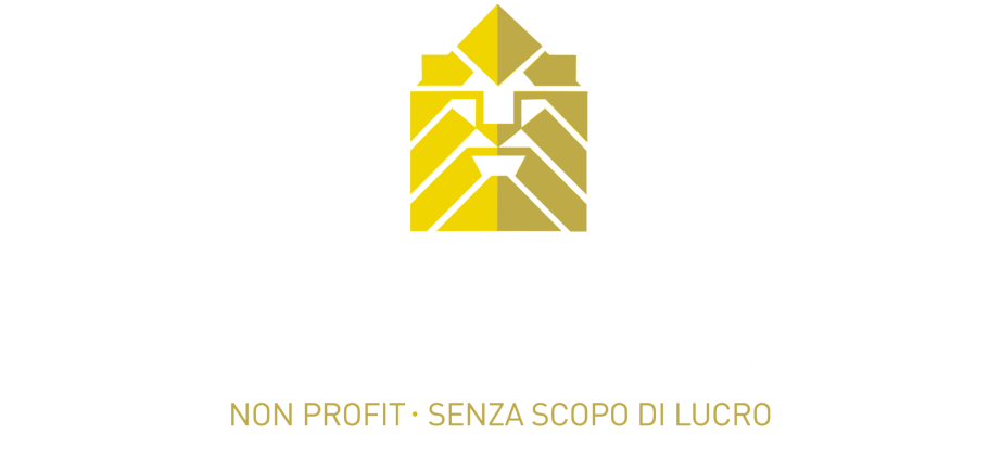 Logo with gold geometric motifs on a white background, with text below.