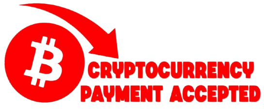 Logo indicating that cryptocurrency payments are accepted, with a Bitcoin symbol.