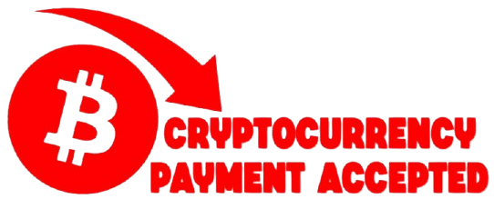 Logo indicating that cryptocurrency payments are accepted, with a Bitcoin symbol.