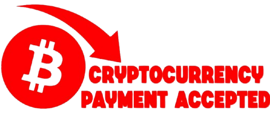 Logo indicating that cryptocurrency payments are accepted, with a Bitcoin symbol.