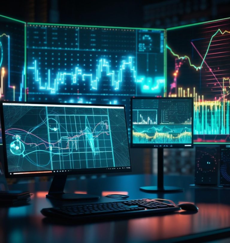 Graphs of financial data displayed on multiple computer screens.