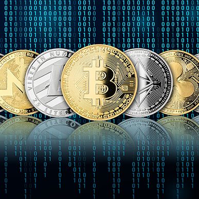 Digital coins aligned on a binary background, representing cryptocurrencies.