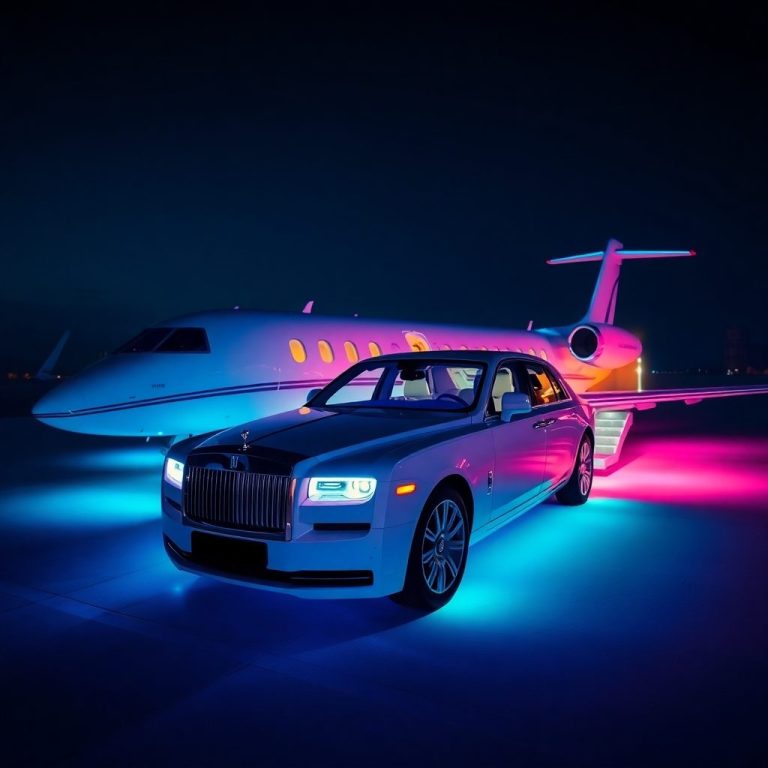 A black luxury car, a boat and a plane in a dark atmosphere.